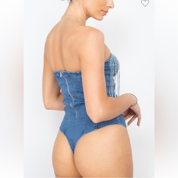 Strapless Fringe Rhinestone Detail Denim Bodysuit - Picture 5 of 5